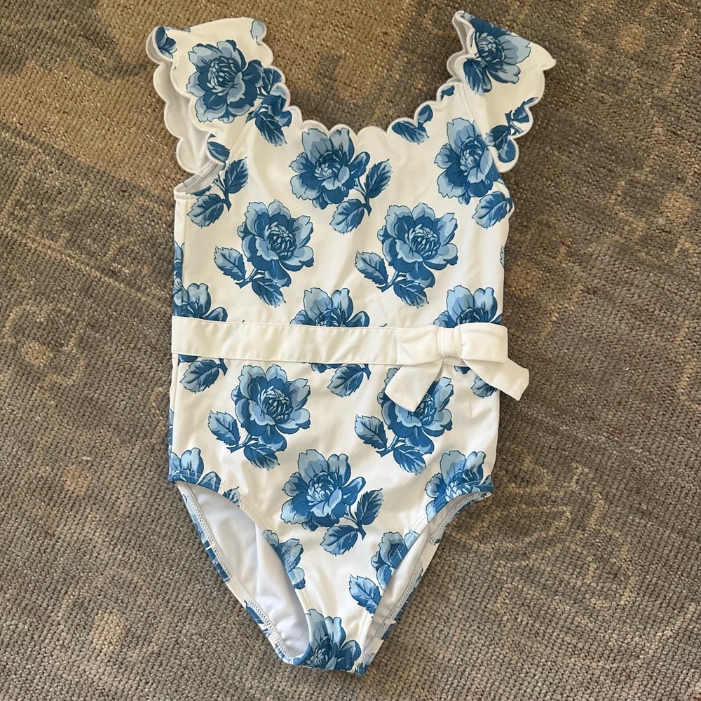 Janie and Jack Floral Blue and White Scalloped Swimsuit